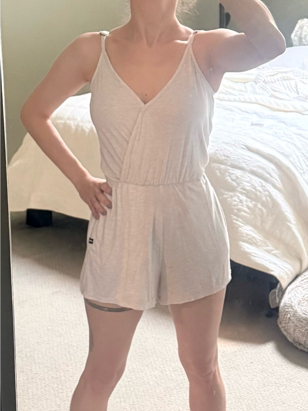 MeUndies Light Beige / Cream Heather Sleeveless V-Neck Romper